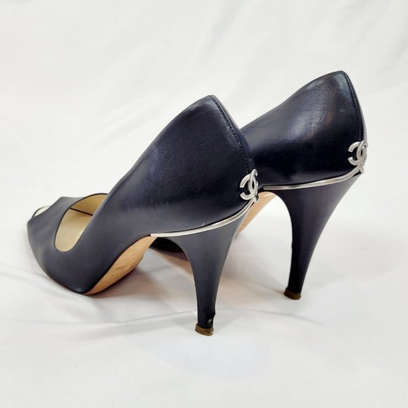 Chanel Black Leather Interlocking CC Peep Toe Pump - Picture 3 of 7